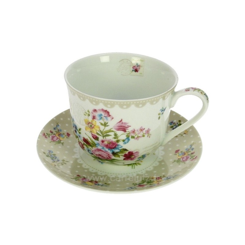 Coffret 4 tasses à déjeuner porcelaine décorée﻿ décor Jardin secret créme﻿