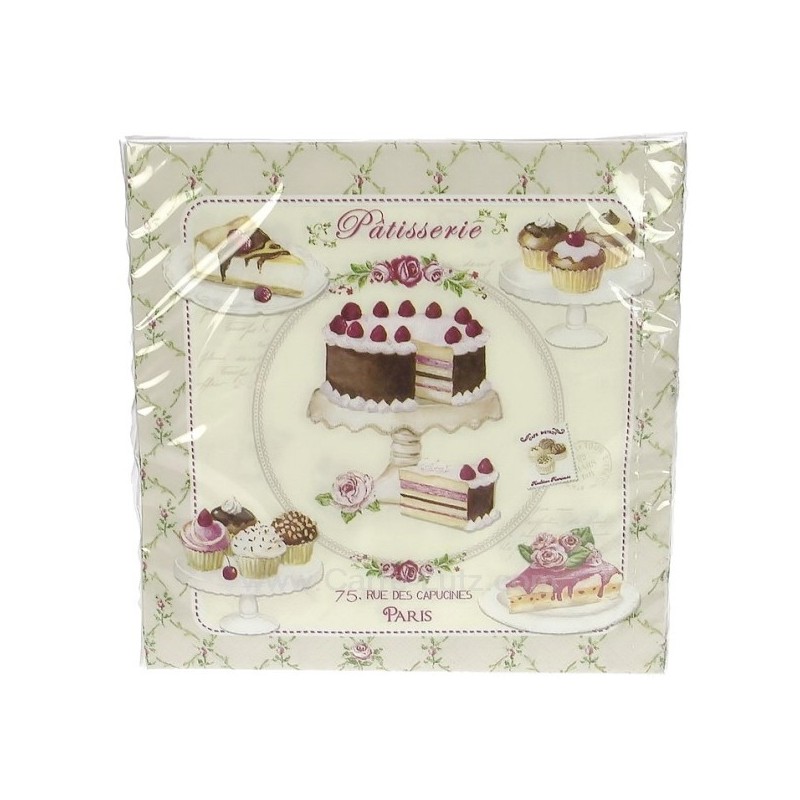 Paquet de 20 serviettes papier tissé 3 plis 33 x 33 cm décor petits fours et patisserie