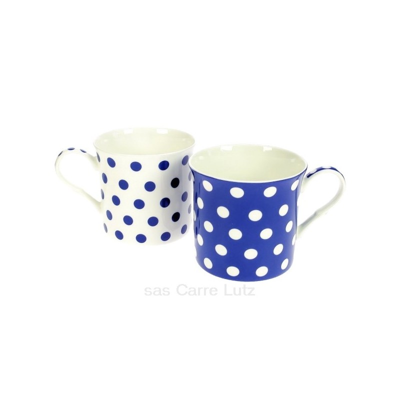 Coffret de 2 mugs à pois bleus en porcelaine fine bone china