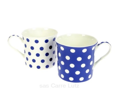 Coffret de 2 mugs à pois bleus en porcelaine fine bone china