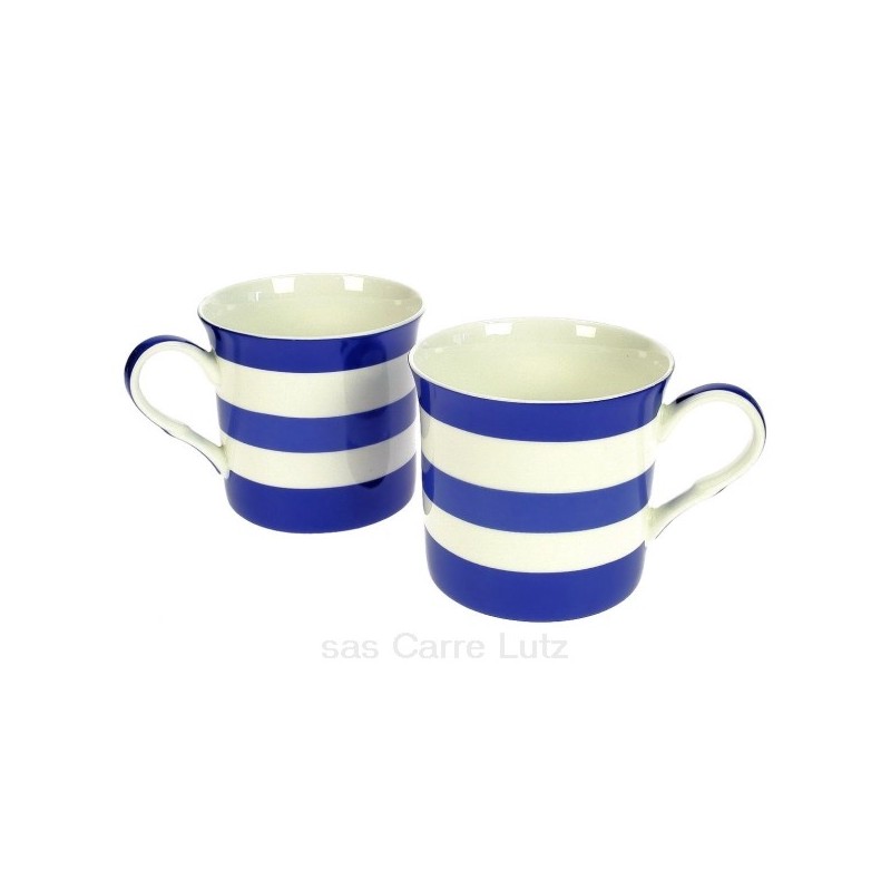 Coffret de 2 mugs à rayures bleues en porcelaine fine bone china
