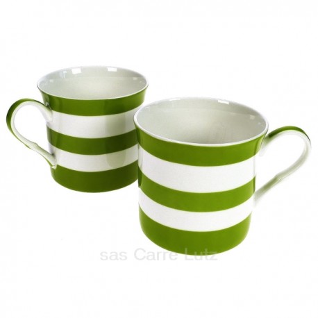 Coffret de 2 mugs à rayures vertes en porcelaine fine bone china, reference CL10030335