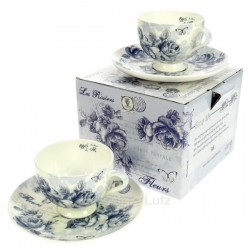 Coffret 2 tasses à café roses bleues porcelaine fine bone china, reference CL10030340