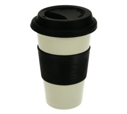 Mug isotherme gris en porcelaine double paroi couleur grise insert silicone noir