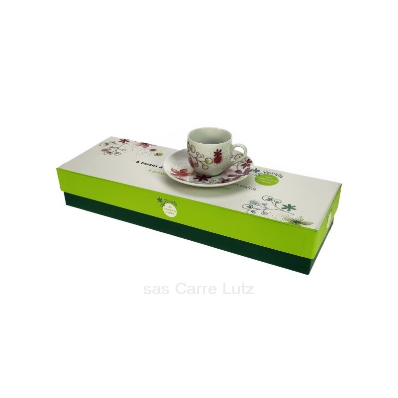 Coffret 6 tasses café en porcelaine décorée Floralia mauve