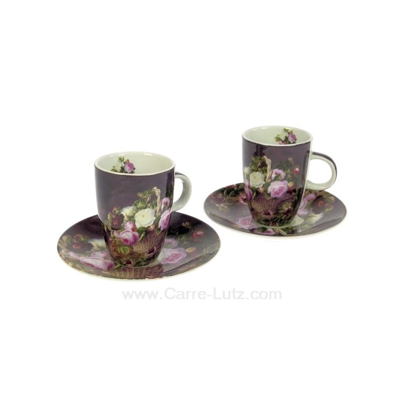 Coffret 2 tasses à café en porcelaine décorée décor panier fleuri