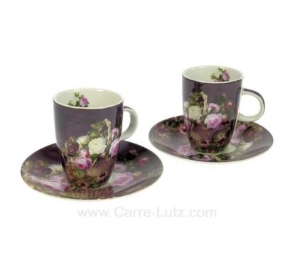 Coffret 2 tasses à café en porcelaine décorée décor panier fleuri