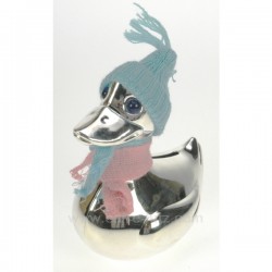 Tirelire canard fille ou garcon en métal argenté avec petit bonnet et écharpe interchangeable rose ou bleu, reference CL14600014