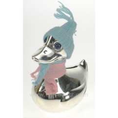 CL14600014  Tirelire canard fille ou garcon en métal argenté avec petit bonnet et écharpe interchangeable rose ou bleu 18,80 €