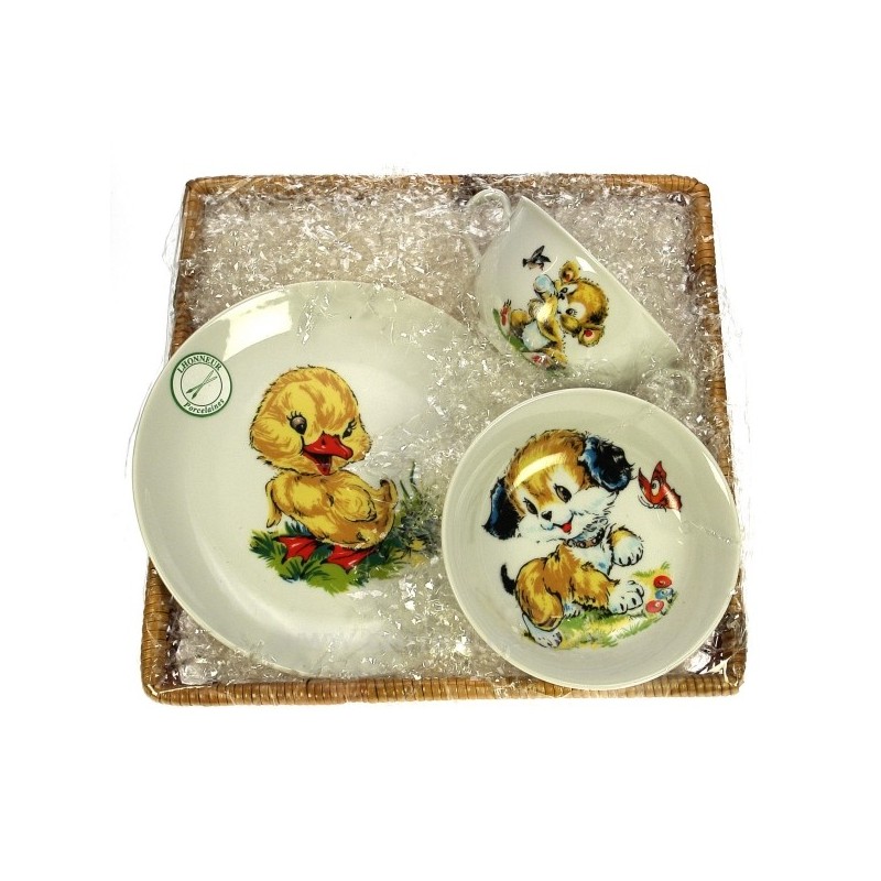 Ensemble 3 pièces en porcelaine décorée animaux lapin chat ours