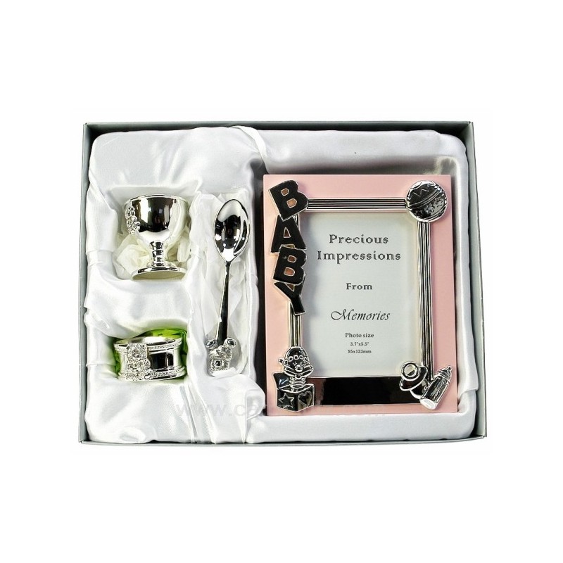 Coffret naissance en métal argenté vernis rose décor ourson