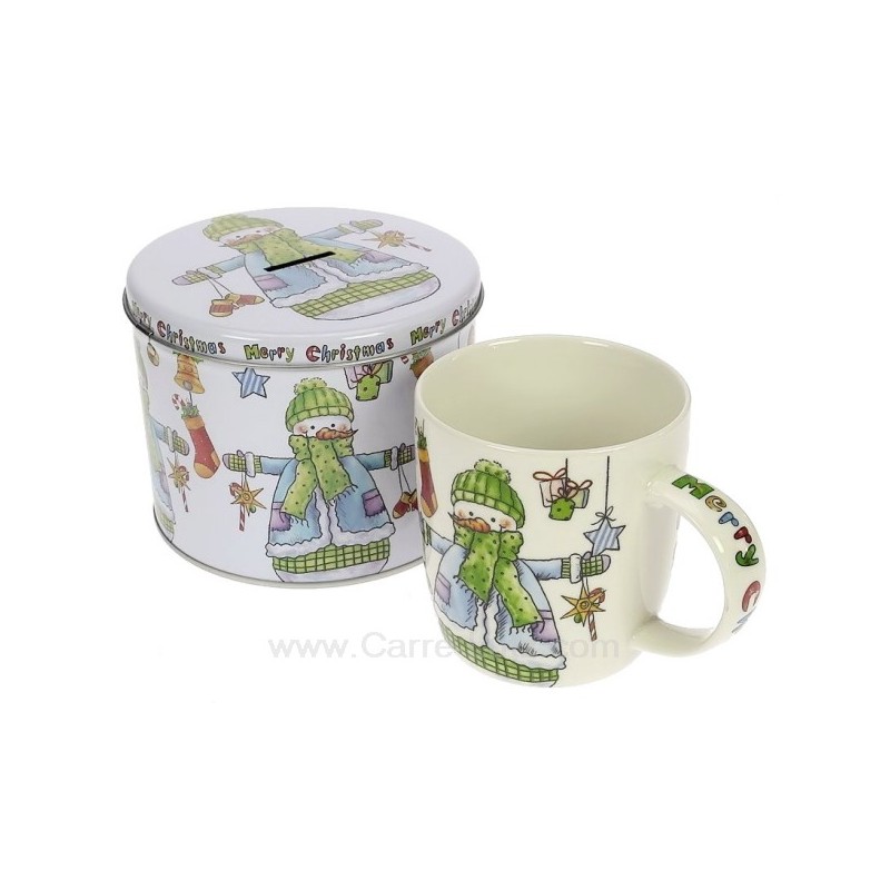 Coffret 1 mug bonhomme de neige en porcelaine avec boite tirelire