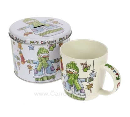 Coffret 1 mug bonhomme de neige en porcelaine avec boite tirelire