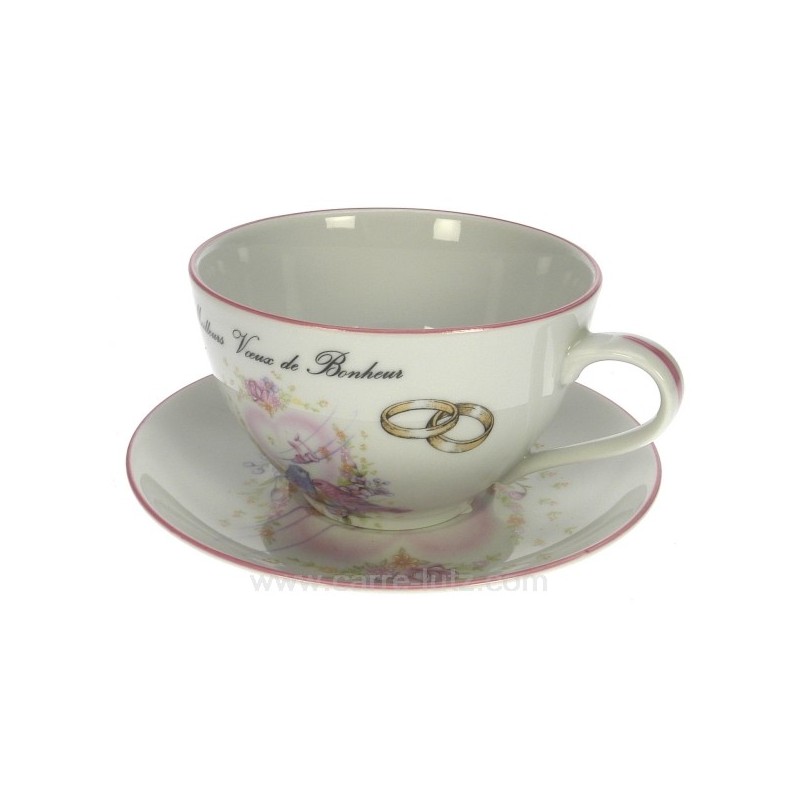 Dejeuner mariage filet rose décor oiseaux et anneaux porcelaine lhonneur