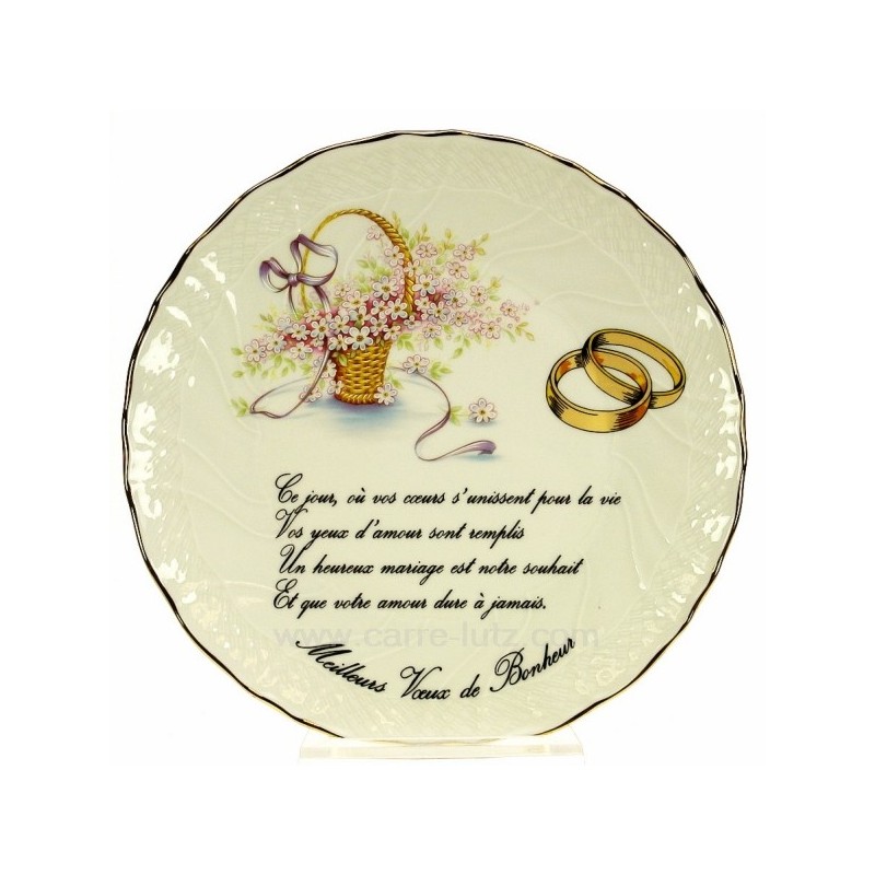 CL14601026  Assiette Meilleurs voeux bonheur décor panier fleuri en porcelaine festonnée filet platine 23,00 €