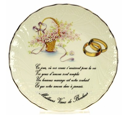 Assiette Meilleurs voeux bonheur décor panier fleuri en porcelaine festonnée filet platine