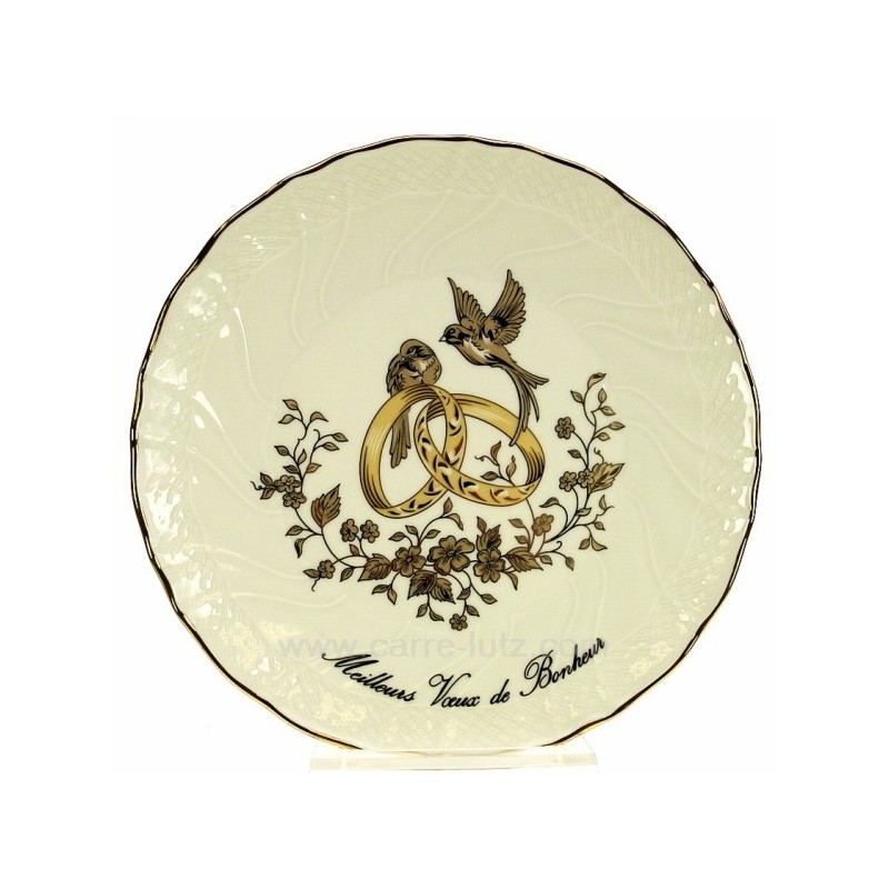 Assiette Meilleurs voeux bonheur décor colombes en porcelaine festonnée filet platine