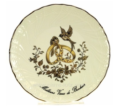 Assiette Meilleurs voeux bonheur décor colombes en porcelaine festonnée filet platine