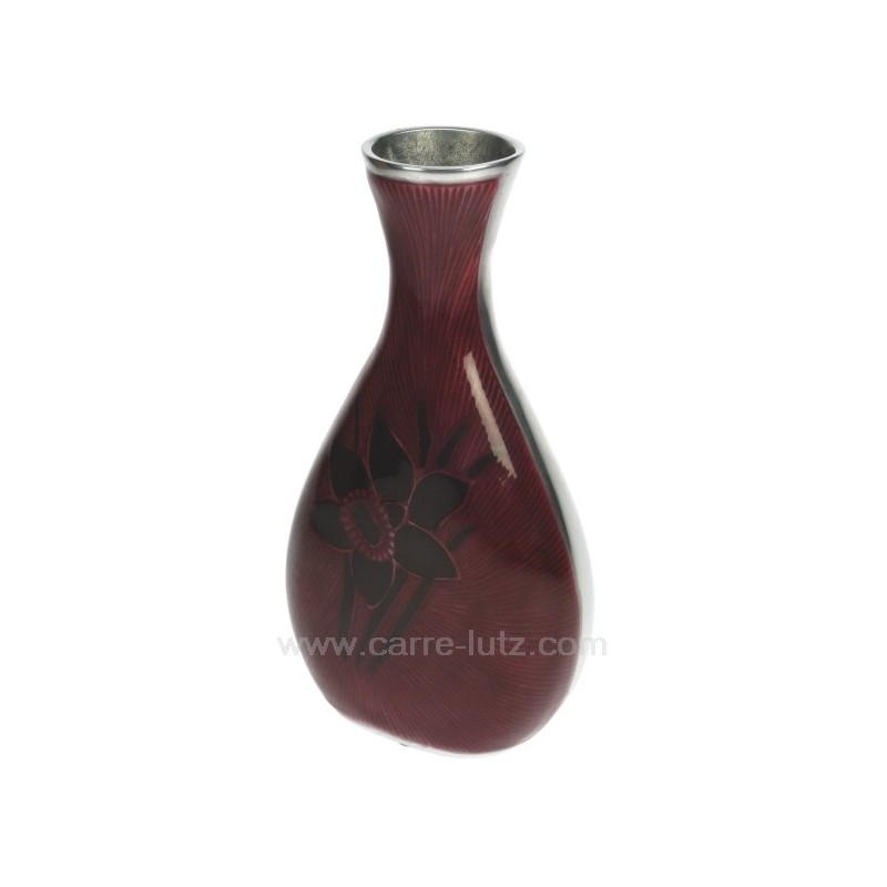 Vase en métal brossé verni émaillé fleur bordeaux