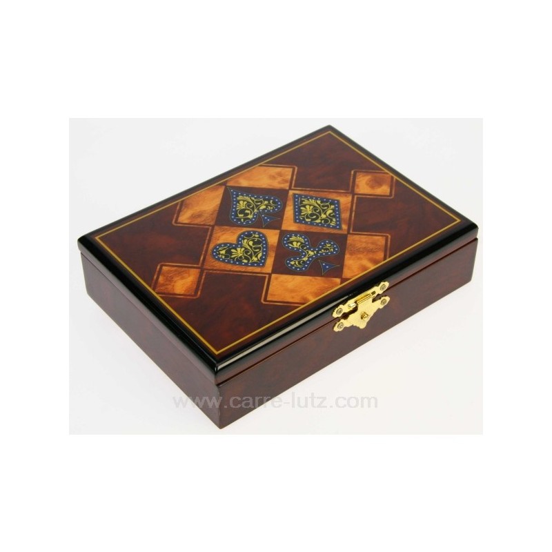 Coffret en bois laqué trefle contenant 2 jeux de cartes