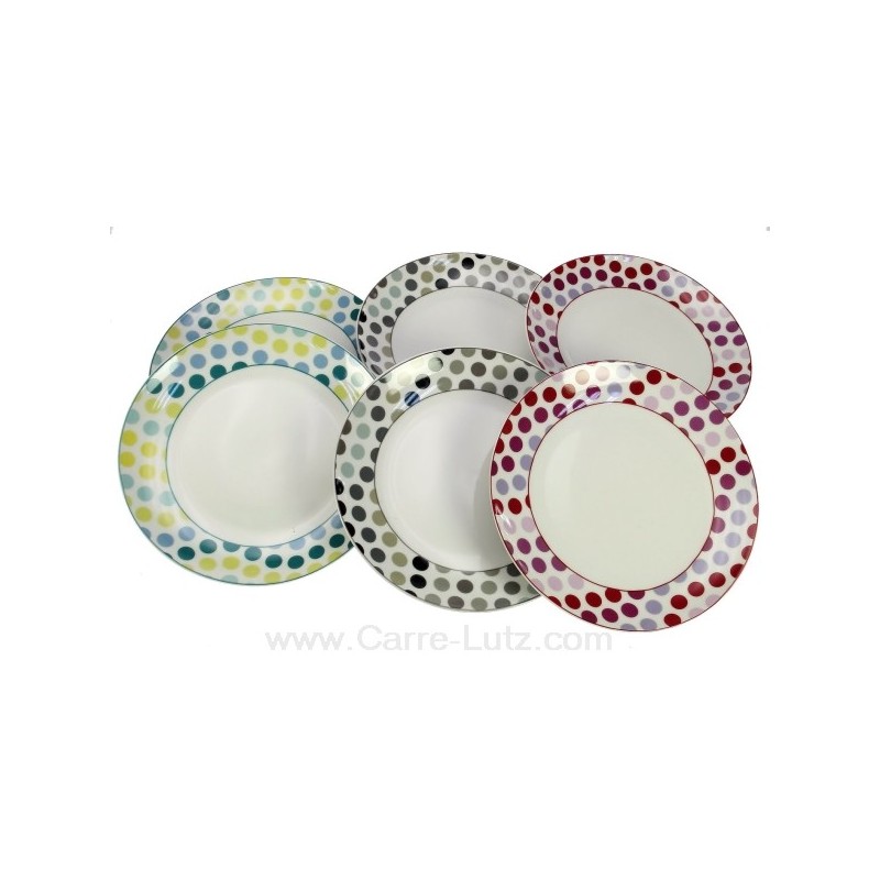 Coffret 6 assiettes à dessert en porcelaine décorée Pois 3 couleurs différentes 