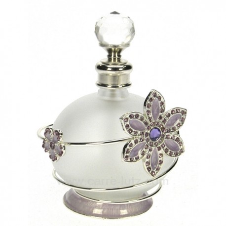Flacon de parfum en verre dépoli avec bouchon à facettes décor en métal petite fleur mauve avec strass et émail, reference CL...