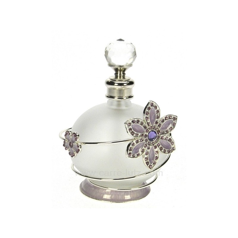 Flacon de parfum en verre dépoli avec bouchon à facettes décor en métal petite fleur mauve avec strass et émail