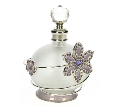 CL21040101  Flacon de parfum en verre dépoli avec bouchon à facettes décor en métal petite fleur mauve avec strass et émail 2...