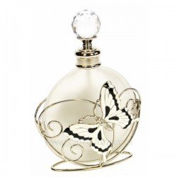 Flacon de parfum en verre dépoli avec bouchon à facettes décor en métal petite fleur et papillon noir et blanc avec strass et ém