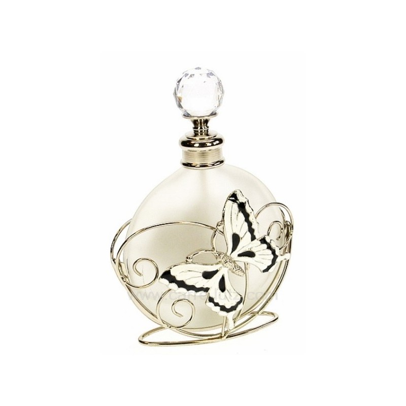 Flacon de parfum en verre dépoli avec bouchon à facettes décor en métal petite fleur et papillon noir et blanc avec strass et ém