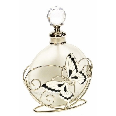 CL21040105  Flacon de parfum en verre dépoli avec bouchon à facettes décor en métal petite fleur et papillon noir et blanc av...
