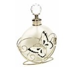 CL21040105  Flacon de parfum en verre dépoli avec bouchon à facettes décor en métal petite fleur et papillon noir et blanc av...