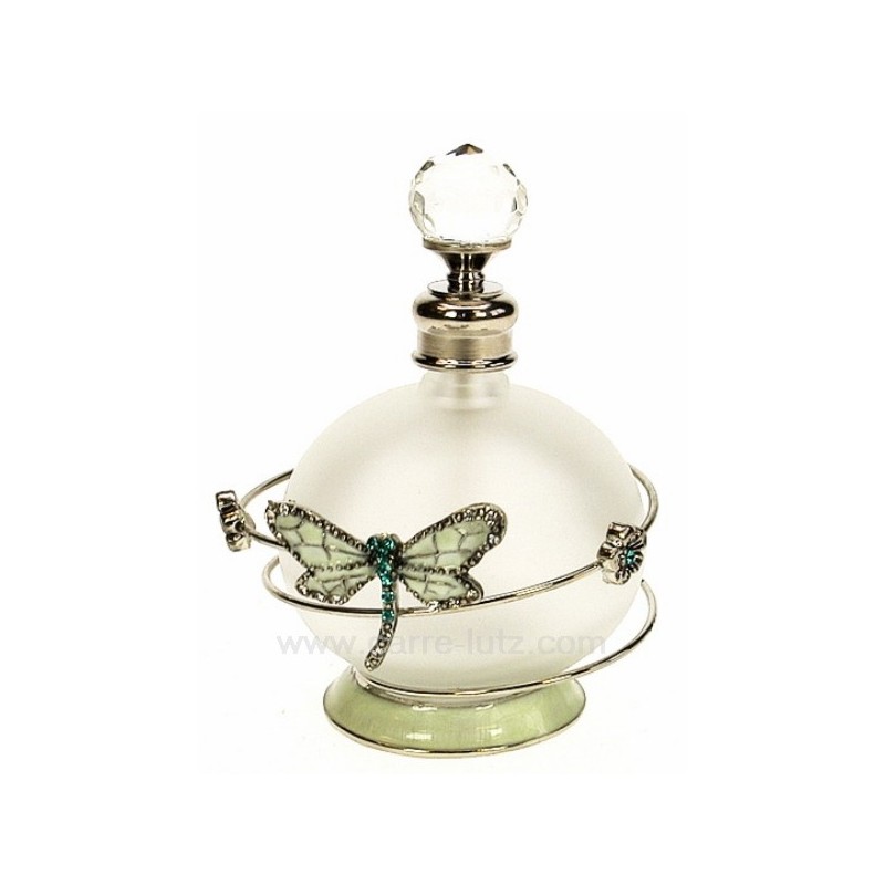 Flacon de parfum en verre dépoli avec bouchon à facettes décor en métal petite fleur et libellule turquoise avec strass et émail