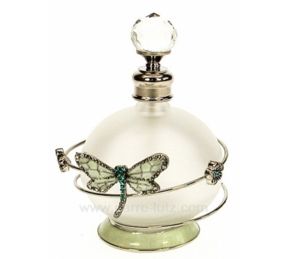 Flacon de parfum en verre dépoli avec bouchon à facettes décor en métal petite fleur et libellule turquoise avec strass et émail