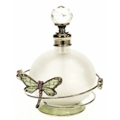 CL21040107  Flacon de parfum en verre dépoli avec bouchon à facettes décor en métal petite fleur et libellule rose avec stras...