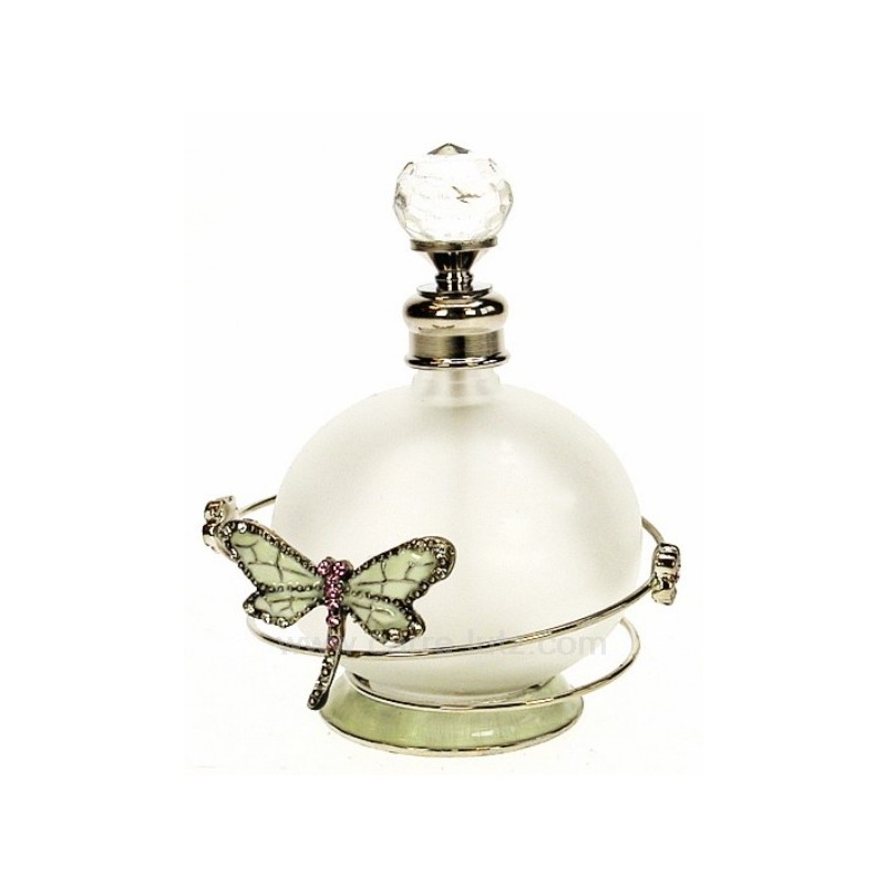 Flacon de parfum en verre dépoli avec bouchon à facettes décor en métal petite fleur et libellule rose avec strass et émail