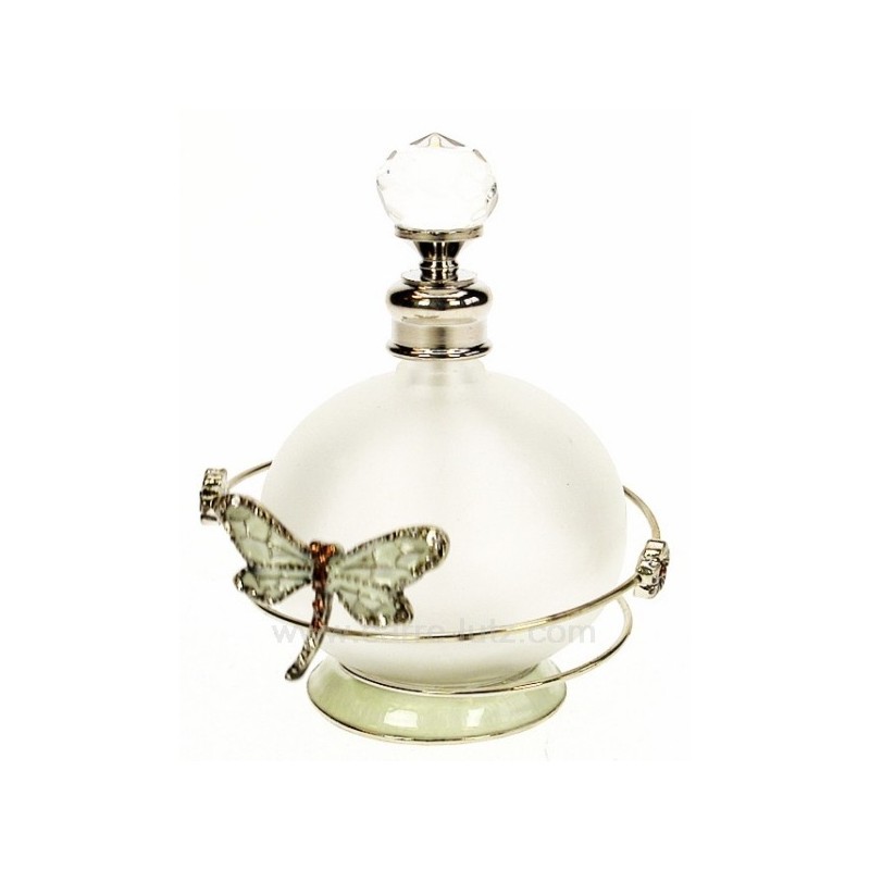 Flacon de parfum en verre dépoli avec bouchon à facettes décor en métal petite fleur et libellule ambre avec strass et émail
