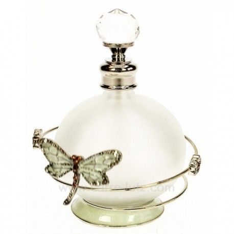 Flacon de parfum en verre dépoli avec bouchon à facettes décor en métal petite fleur et libellule ambreavec strass et émail, ...