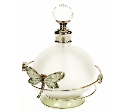 Flacon de parfum en verre dépoli avec bouchon à facettes décor en métal petite fleur et libellule ambre avec strass et émail