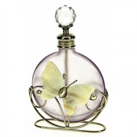 Flacon de parfum en verre dépoli couleur lilas décor papillon en nacre , reference CL21040170