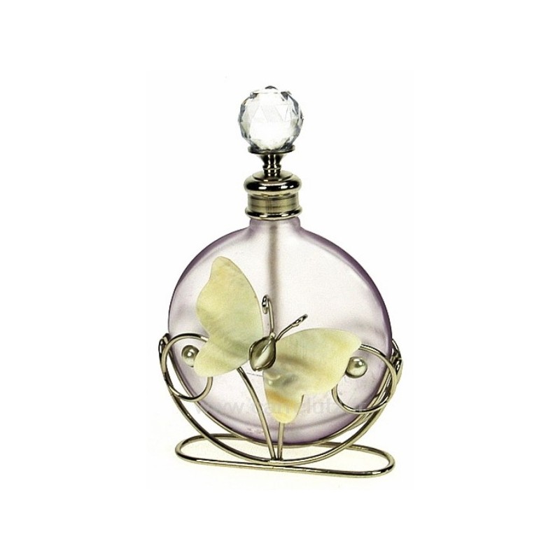 Flacon de parfum en verre dépoli couleur lilas décor papillon﻿ en nacre 