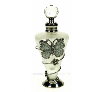 Flacon de parfum en verre dépoli décor papillon en émail blanc et strass