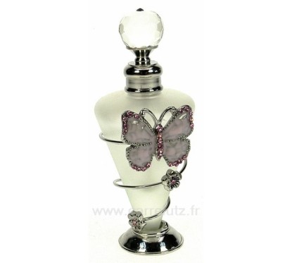 Flacon de parfum en verre dépoli décor papillon en émail rose et strass