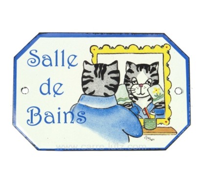 Plaque emaillee SDB chat