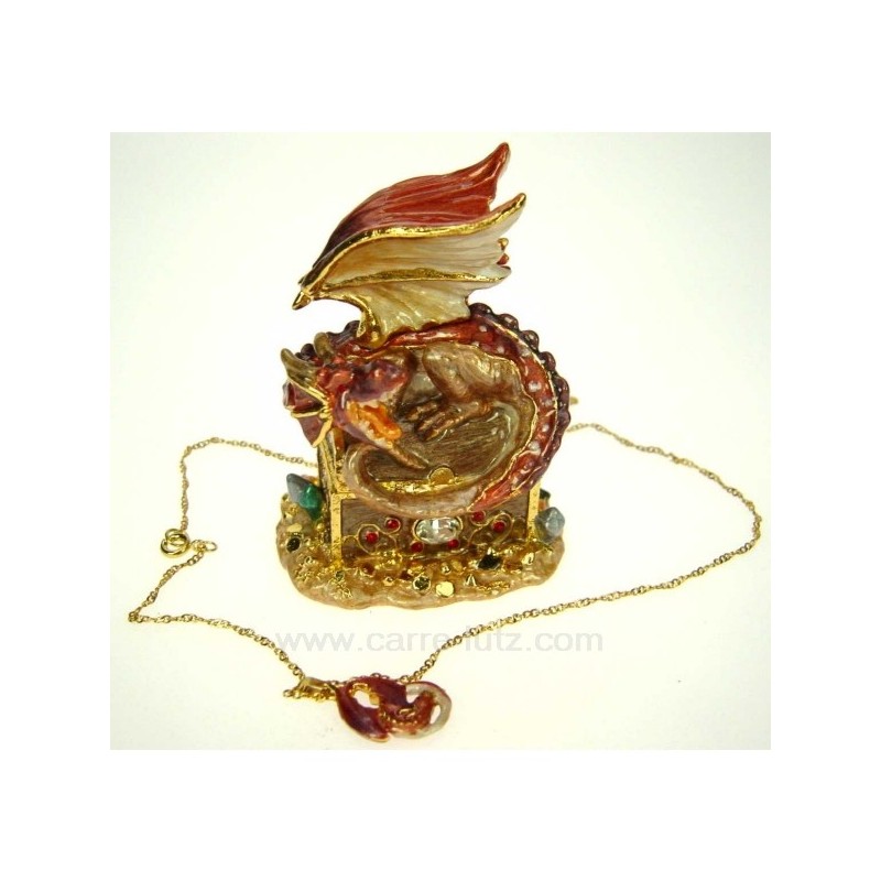 Boite métal émaillé décor dragon doré à l'or 24 carrats avec incrustation de brillant couleur rouge
