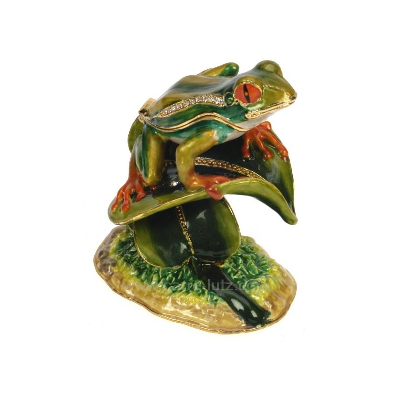 CL49500019  Boite métal émaillé grenouille sur feuille couleur vert avec incrustation de brillant  65,00 €