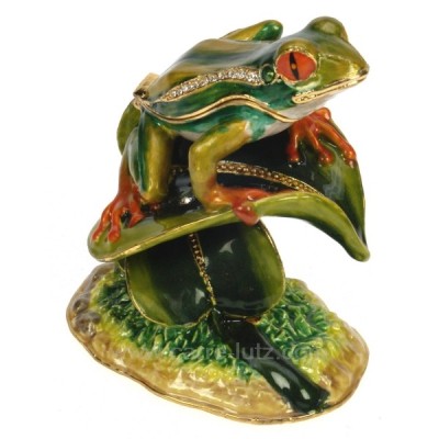 CL49500019  Boite métal émaillé grenouille sur feuille couleur vert avec incrustation de brillant  65,00 €