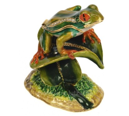 CL49500019  Boite métal émaillé grenouille sur feuille couleur vert avec incrustation de brillant  65,00 €