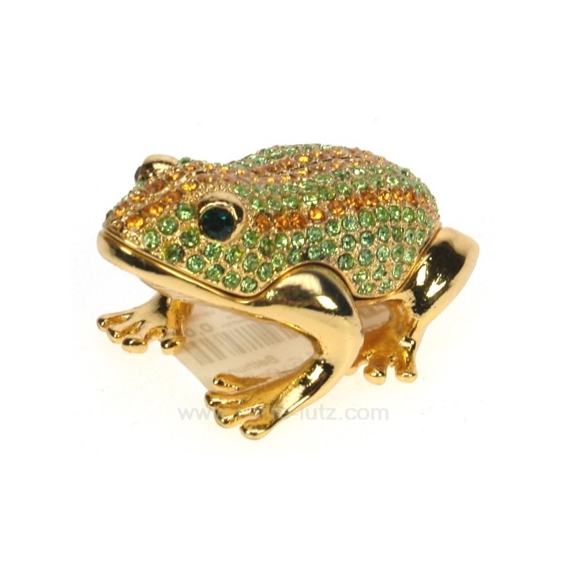 Boite métal émaillé grenouille sur feuille couleur vert et or avec incrustation de brillant 
