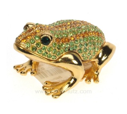 Boite métal émaillé grenouille sur feuille couleur vert et or avec incrustation de brillant 